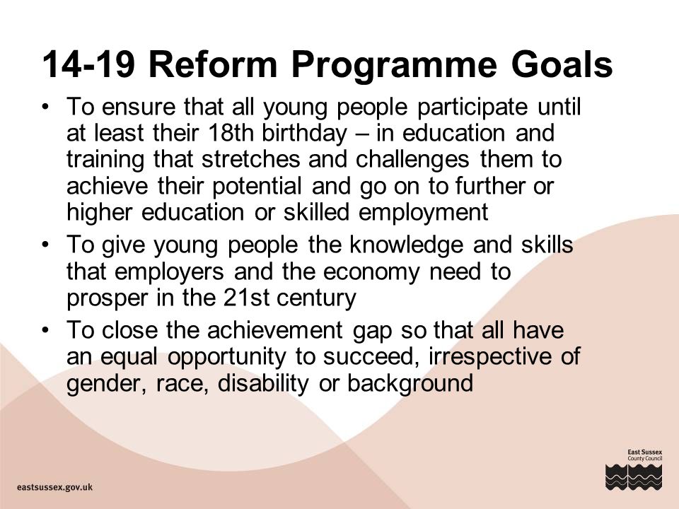 14-19 Reform Programme Goals To ensure that all young people participate until at least their 18th birthday – in education and training that stretches and challenges them to achieve their potential and go on to further or higher education or skilled employment To give young people the knowledge and skills that employers and the economy need to prosper in the 21st century To close the achievement gap so that all have an equal opportunity to succeed, irrespective of gender, race, disability or background