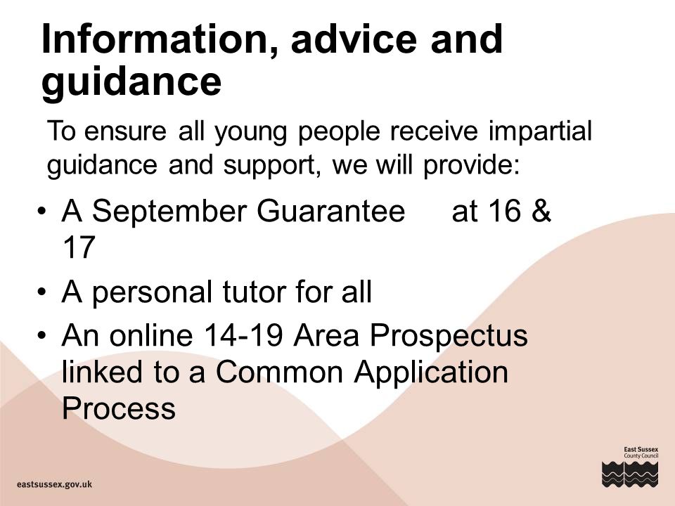 Information, advice and guidance A September Guarantee at 16 & 17 A personal tutor for all An online Area Prospectus linked to a Common Application Process To ensure all young people receive impartial guidance and support, we will provide: