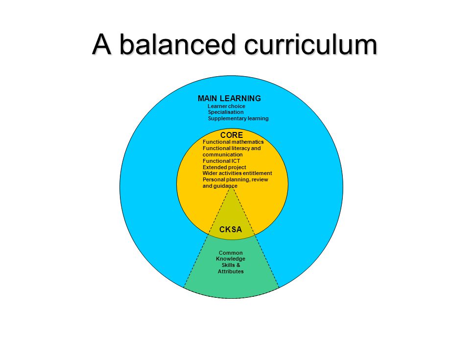 A balanced curriculum MAIN LEARNING Learner choice Specialisation Supplementary learning CKSA Common Knowledge Skills & Attributes Functional mathematics Functional literacy and communication Functional ICT Extended project Wider activities entitlement Personal planning, review and guidance CORE