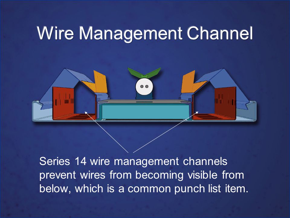 Series 14 wire management channels prevent wires from becoming visible from below, which is a common punch list item.