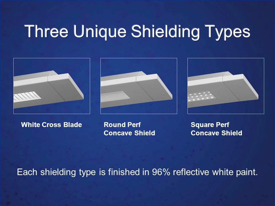 White Cross BladeRound Perf Concave Shield Square Perf Concave Shield Each shielding type is finished in 96% reflective white paint.