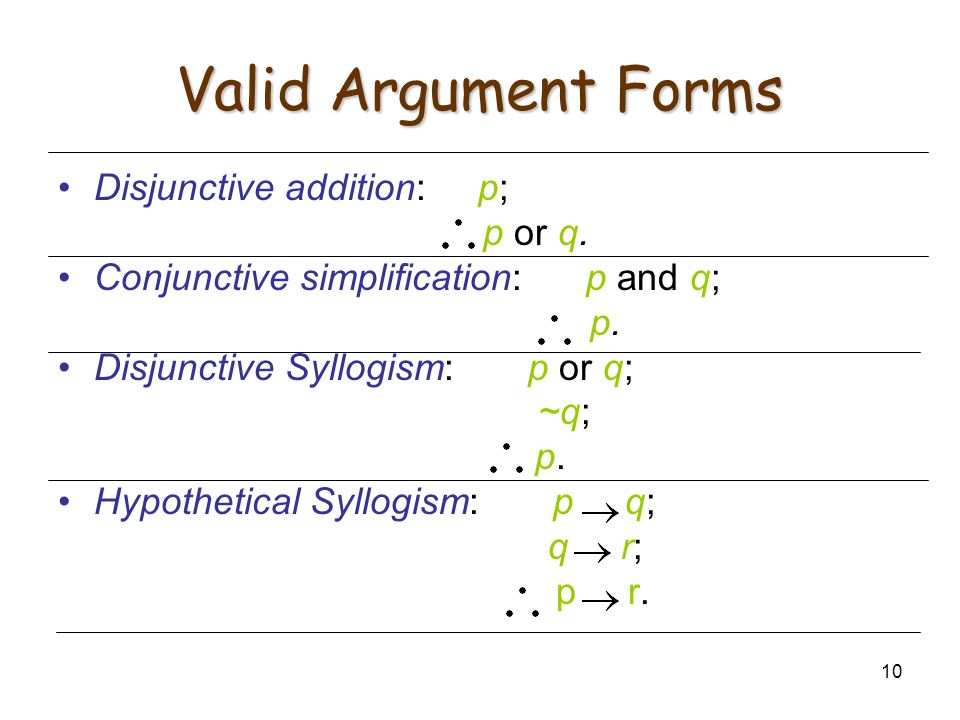 10 Valid Argument Forms Disjunctive addition: p; p or q.