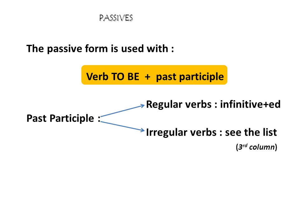 The passive form is used with : Verb TO BE + past participle Regular verbs : infinitive+ed Past Participle : Irregular verbs : see the list (3 rd column) PASSIVES