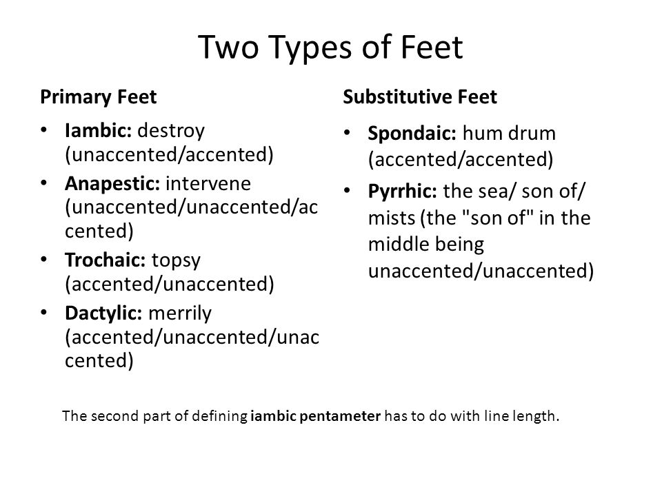 Two Types of Feet Primary Feet Iambic: destroy (unaccented/accented) Anapestic: intervene (unaccented/unaccented/ac cented) Trochaic: topsy (accented/unaccented) Dactylic: merrily (accented/unaccented/unac cented) Substitutive Feet Spondaic: hum drum (accented/accented) Pyrrhic: the sea/ son of/ mists (the son of in the middle being unaccented/unaccented) The second part of defining iambic pentameter has to do with line length.