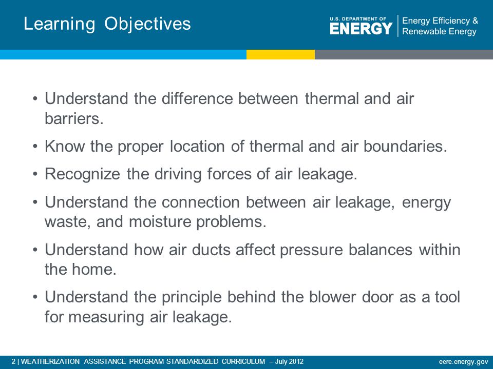 2 | WEATHERIZATION ASSISTANCE PROGRAM STANDARDIZED CURRICULUM – July 2012eere.energy.gov Understand the difference between thermal and air barriers.