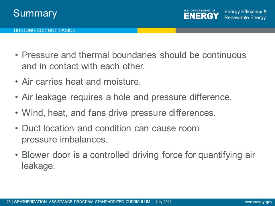 23 | WEATHERIZATION ASSISTANCE PROGRAM STANDARDIZED CURRICULUM – July 2012eere.energy.gov Summary Pressure and thermal boundaries should be continuous and in contact with each other.