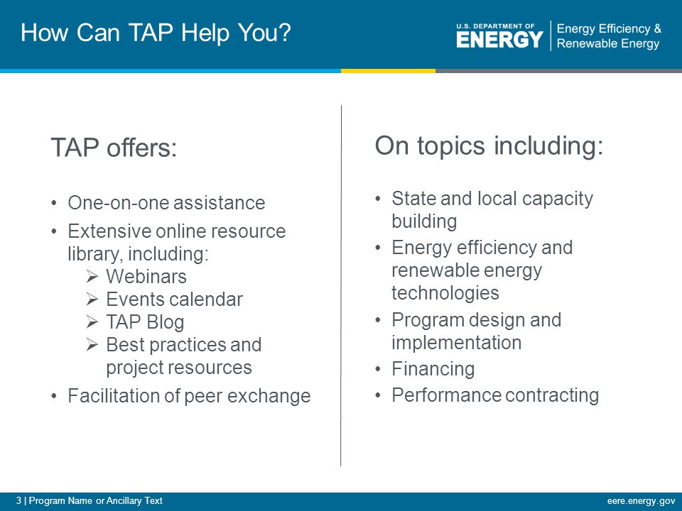 3 | Program Name or Ancillary Texteere.energy.gov How Can TAP Help You.