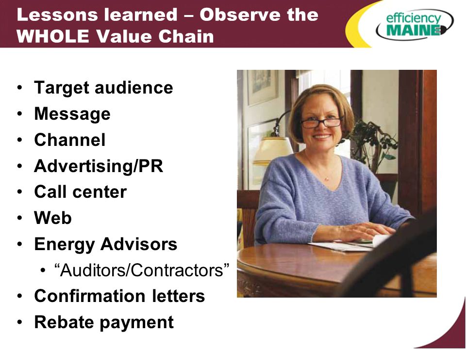 Lessons learned – Observe the WHOLE Value Chain Target audience Message Channel Advertising/PR Call center Web Energy Advisors Auditors/Contractors Confirmation letters Rebate payment