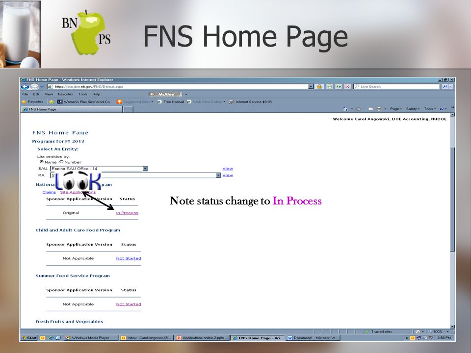 FNS Home Page Note status change to In Process