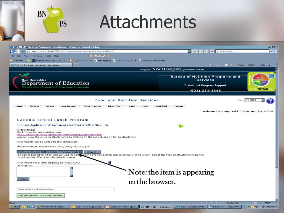 Attachments Note: the item is appearing in the browser.