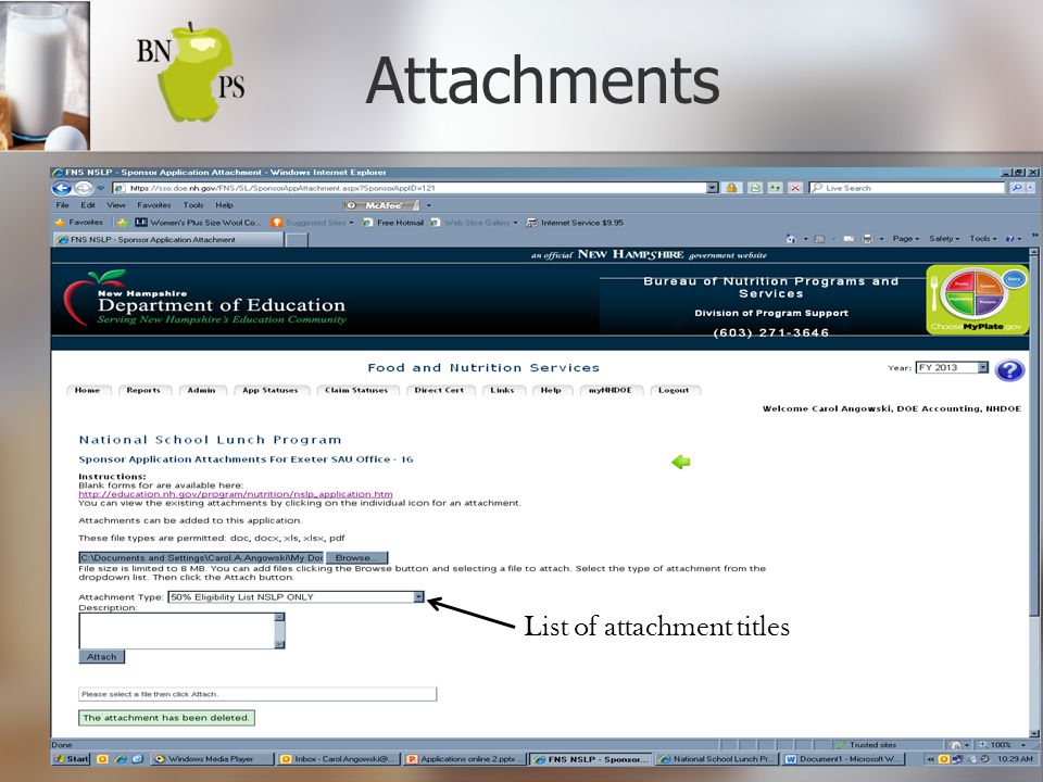 Attachments List of attachment titles