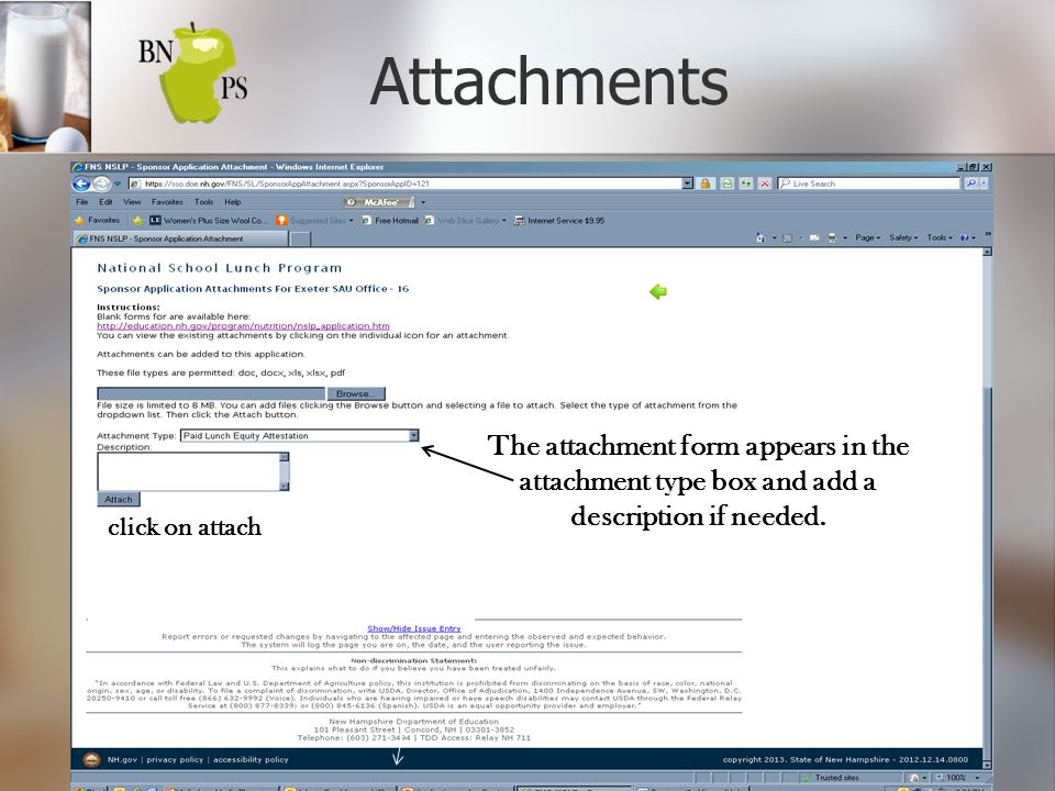 The attachment form appears in the attachment type box and add a description if needed.