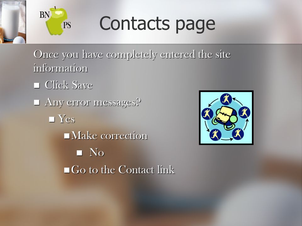 Contacts page Once you have completely entered the site information Click Save Click Save Any error messages.
