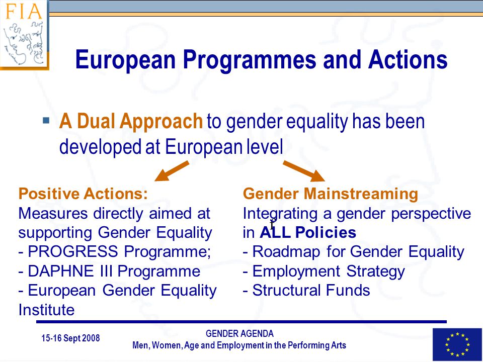 15-16 Sept 2008 GENDER AGENDA Men, Women, Age and Employment in the Performing Arts European Programmes and Actions  A Dual Approach to gender equality has been developed at European level Positive Actions: Measures directly aimed at supporting Gender Equality - PROGRESS Programme; - DAPHNE III Programme - European Gender Equality Institute f Gender Mainstreaming Integrating a gender perspective in ALL Policies - Roadmap for Gender Equality - Employment Strategy - Structural Funds