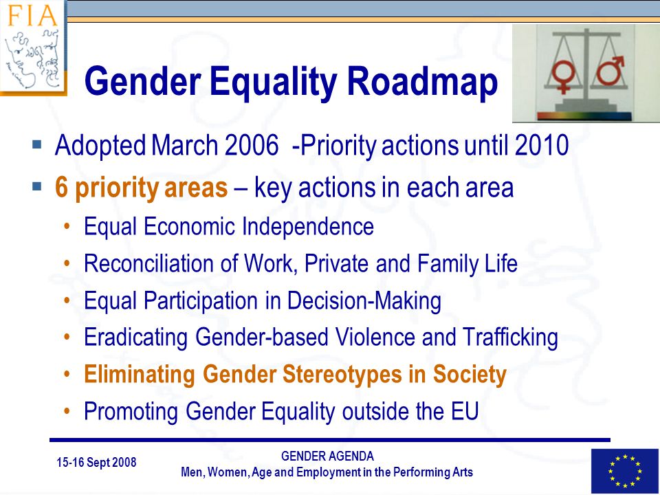 15-16 Sept 2008 GENDER AGENDA Men, Women, Age and Employment in the Performing Arts Gender Equality Roadmap  Adopted March Priority actions until 2010  6 priority areas – key actions in each area Equal Economic Independence Reconciliation of Work, Private and Family Life Equal Participation in Decision-Making Eradicating Gender-based Violence and Trafficking Eliminating Gender Stereotypes in Society Promoting Gender Equality outside the EU