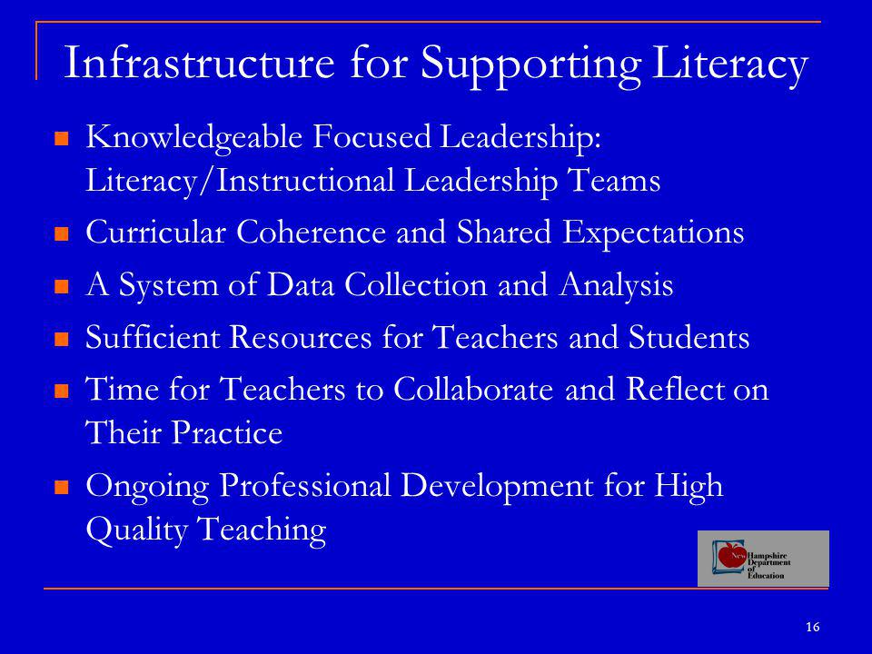 16 Infrastructure for Supporting Literacy Knowledgeable Focused Leadership: Literacy/Instructional Leadership Teams Curricular Coherence and Shared Expectations A System of Data Collection and Analysis Sufficient Resources for Teachers and Students Time for Teachers to Collaborate and Reflect on Their Practice Ongoing Professional Development for High Quality Teaching