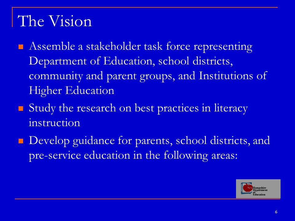 6 The Vision Assemble a stakeholder task force representing Department of Education, school districts, community and parent groups, and Institutions of Higher Education Study the research on best practices in literacy instruction Develop guidance for parents, school districts, and pre-service education in the following areas: