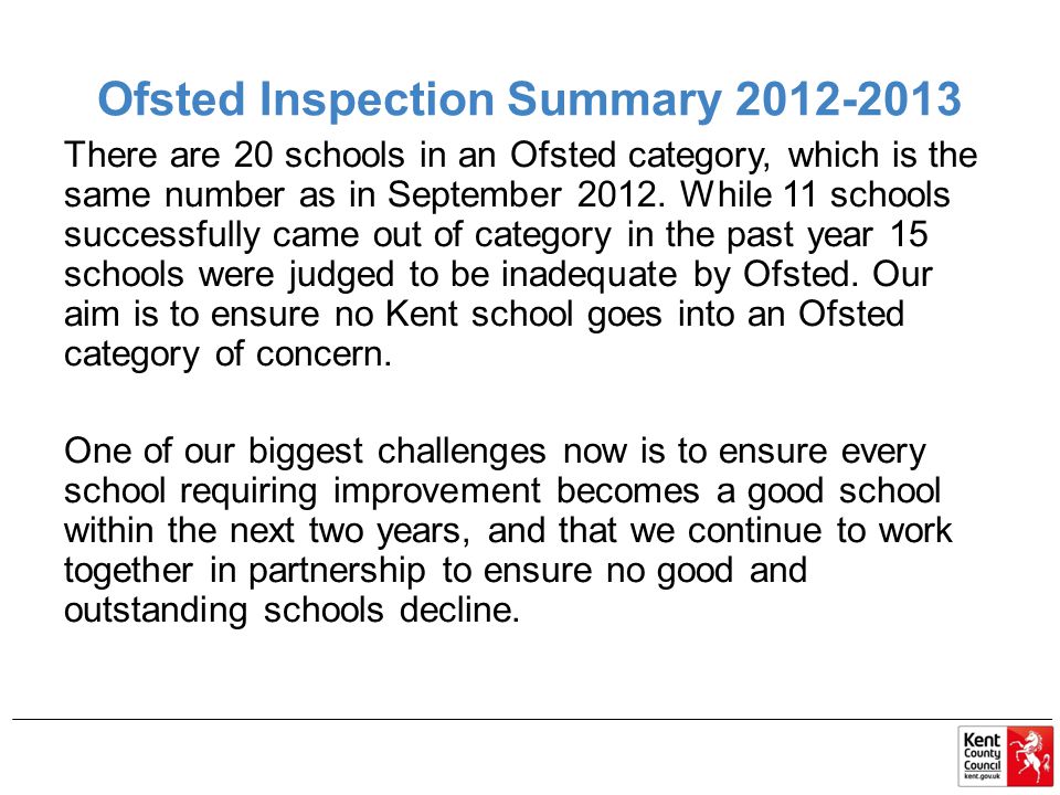 Ofsted Inspection Summary There are 20 schools in an Ofsted category, which is the same number as in September 2012.