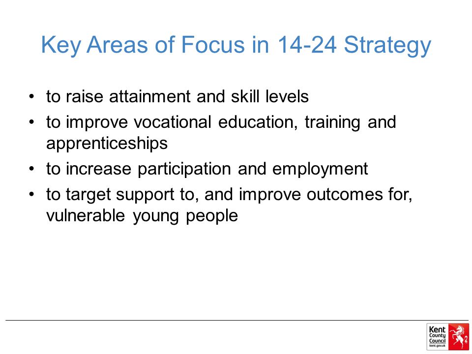 Key Areas of Focus in Strategy to raise attainment and skill levels to improve vocational education, training and apprenticeships to increase participation and employment to target support to, and improve outcomes for, vulnerable young people