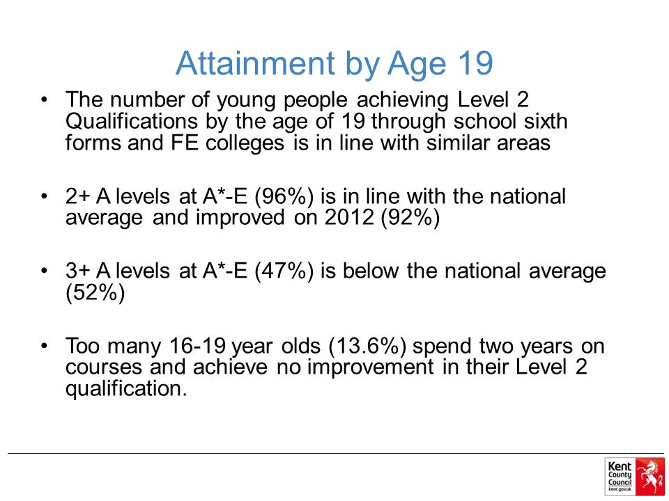 Attainment by Age 19 The number of young people achieving Level 2 Qualifications by the age of 19 through school sixth forms and FE colleges is in line with similar areas 2+ A levels at A*-E (96%) is in line with the national average and improved on 2012 (92%) 3+ A levels at A*-E (47%) is below the national average (52%) Too many year olds (13.6%) spend two years on courses and achieve no improvement in their Level 2 qualification.