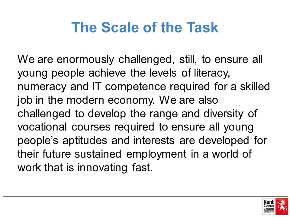 The Scale of the Task We are enormously challenged, still, to ensure all young people achieve the levels of literacy, numeracy and IT competence required for a skilled job in the modern economy.
