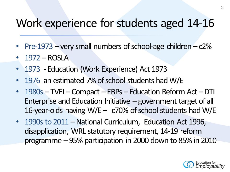 3 Work experience for students aged Pre-1973 – very small numbers of school-age children – c2% 1972 – ROSLA Education (Work Experience) Act an estimated 7% of school students had W/E 1980s – TVEI – Compact – EBPs – Education Reform Act – DTI Enterprise and Education Initiative – government target of all 16-year-olds having W/E – c70% of school students had W/E 1990s to 2011 – National Curriculum, Education Act 1996, disapplication, WRL statutory requirement, reform programme – 95% participation in 2000 down to 85% in 2010