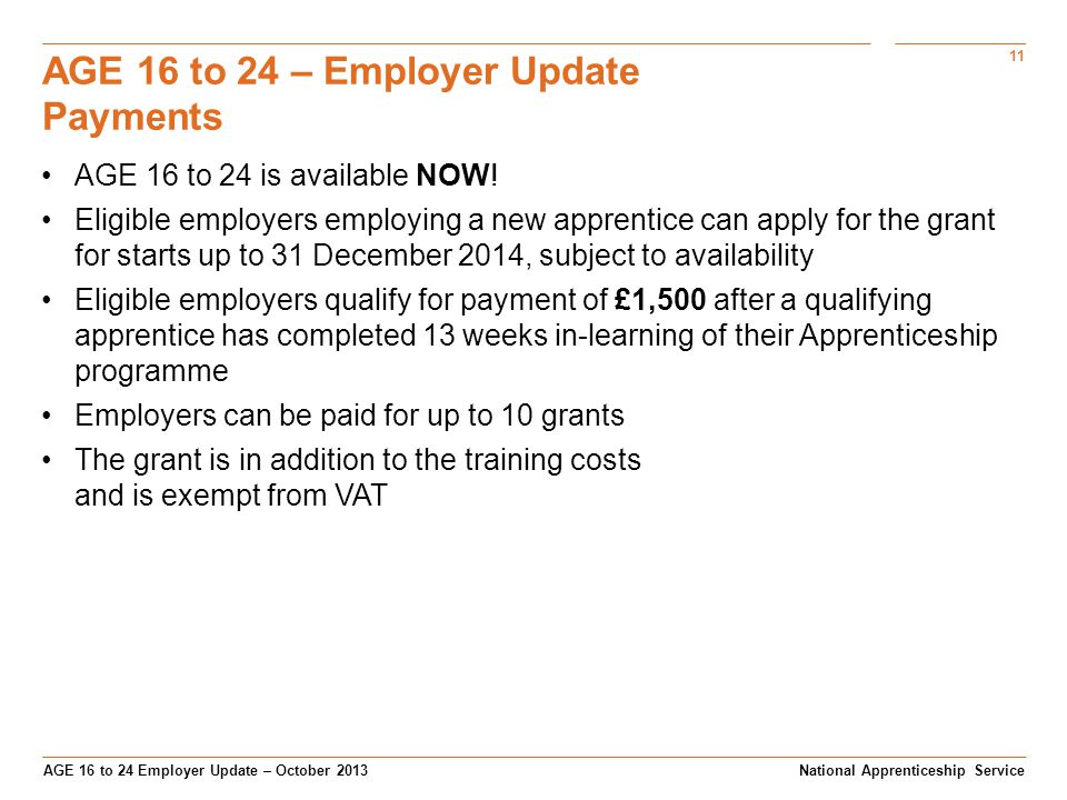 11 AGE 16 to 24 Employer Update – October 2013 AGE 16 to 24 – Employer Update Payments National Apprenticeship Service AGE 16 to 24 is available NOW.
