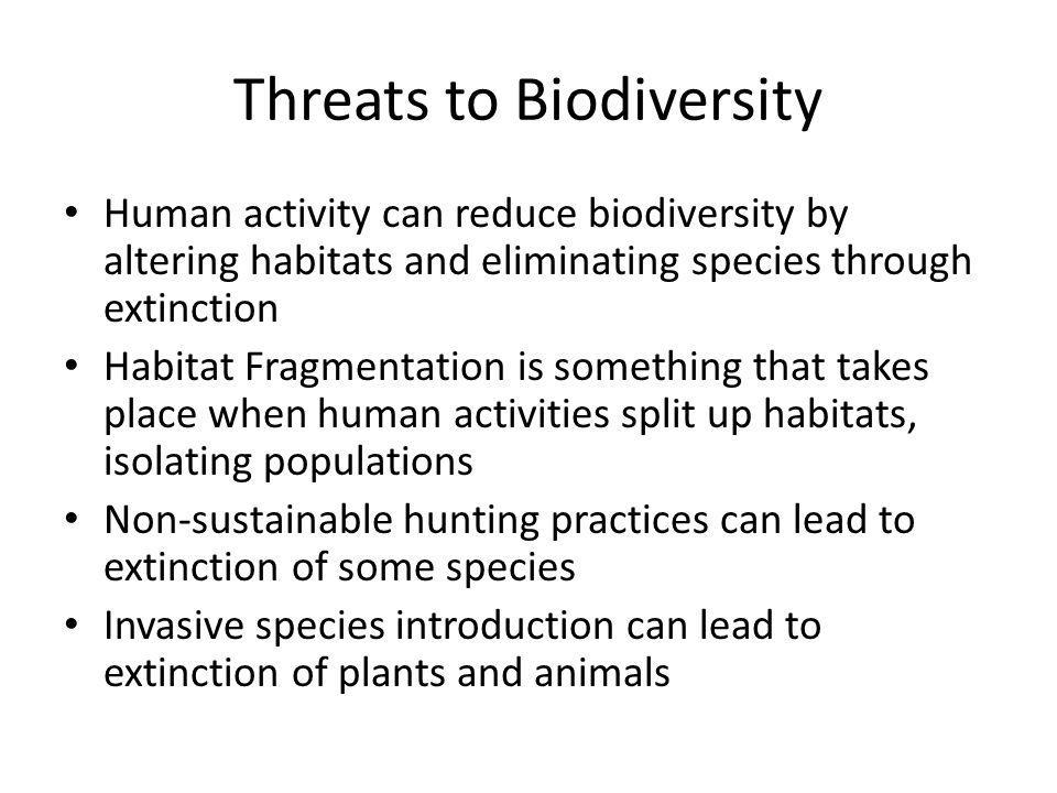 Threats to Biodiversity Human activity can reduce biodiversity by altering habitats and eliminating species through extinction Habitat Fragmentation is something that takes place when human activities split up habitats, isolating populations Non-sustainable hunting practices can lead to extinction of some species Invasive species introduction can lead to extinction of plants and animals