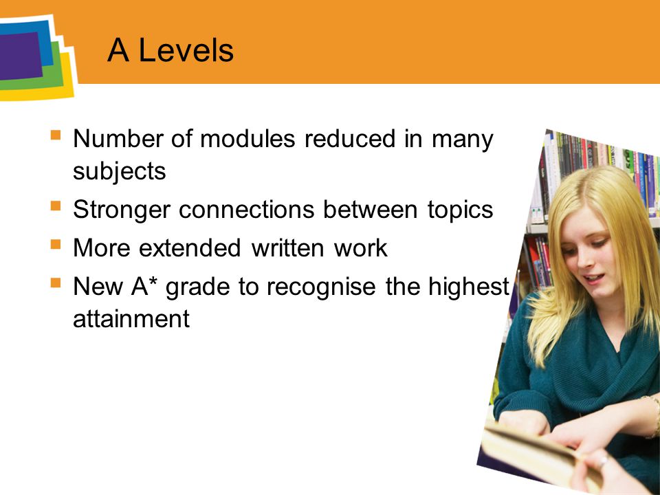 A Levels  Number of modules reduced in many subjects  Stronger connections between topics  More extended written work  New A* grade to recognise the highest attainment