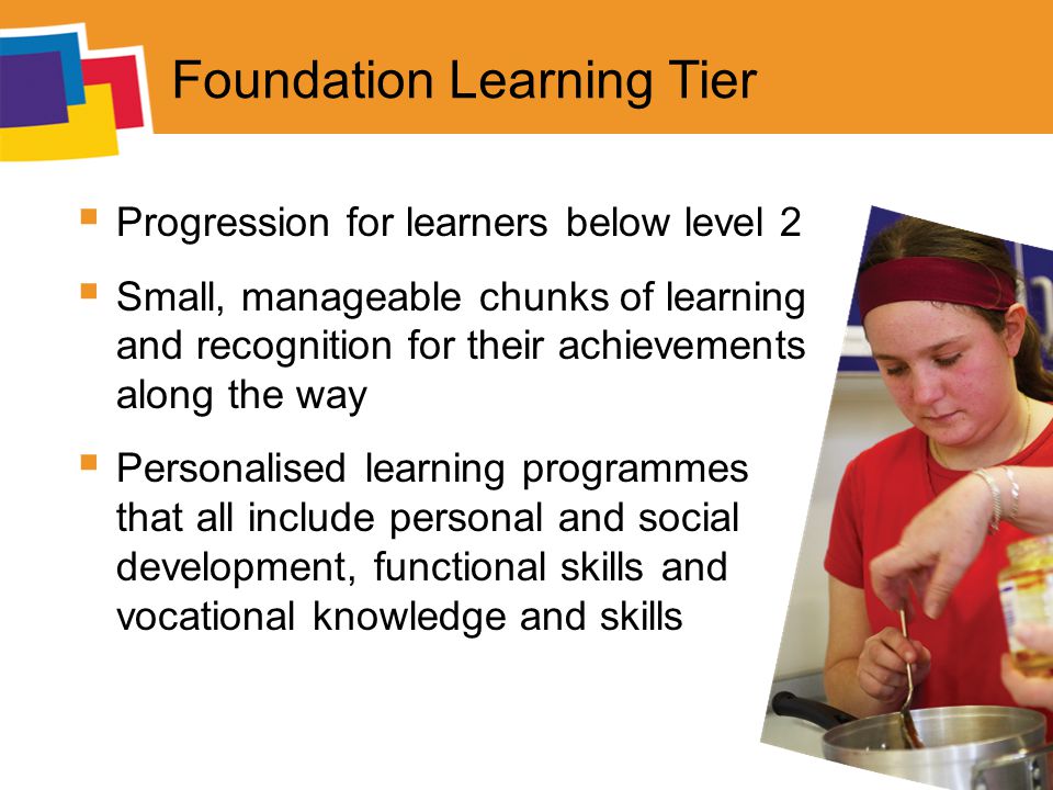 Foundation Learning Tier  Progression for learners below level 2  Small, manageable chunks of learning and recognition for their achievements along the way  Personalised learning programmes that all include personal and social development, functional skills and vocational knowledge and skills
