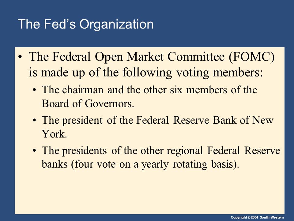 Copyright © 2004 South-Western The Fed’s Organization The Federal Open Market Committee (FOMC) is made up of the following voting members: The chairman and the other six members of the Board of Governors.