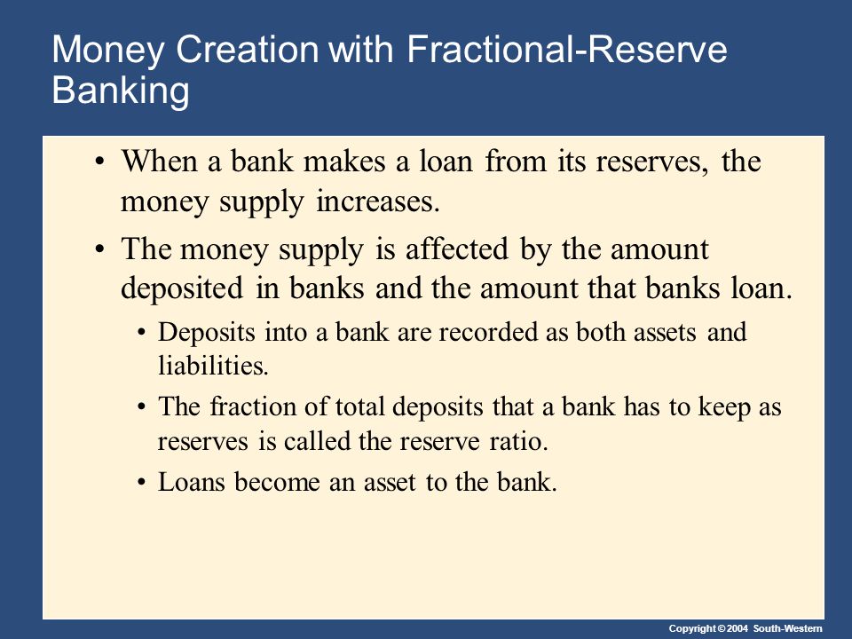 Copyright © 2004 South-Western Money Creation with Fractional-Reserve Banking When a bank makes a loan from its reserves, the money supply increases.