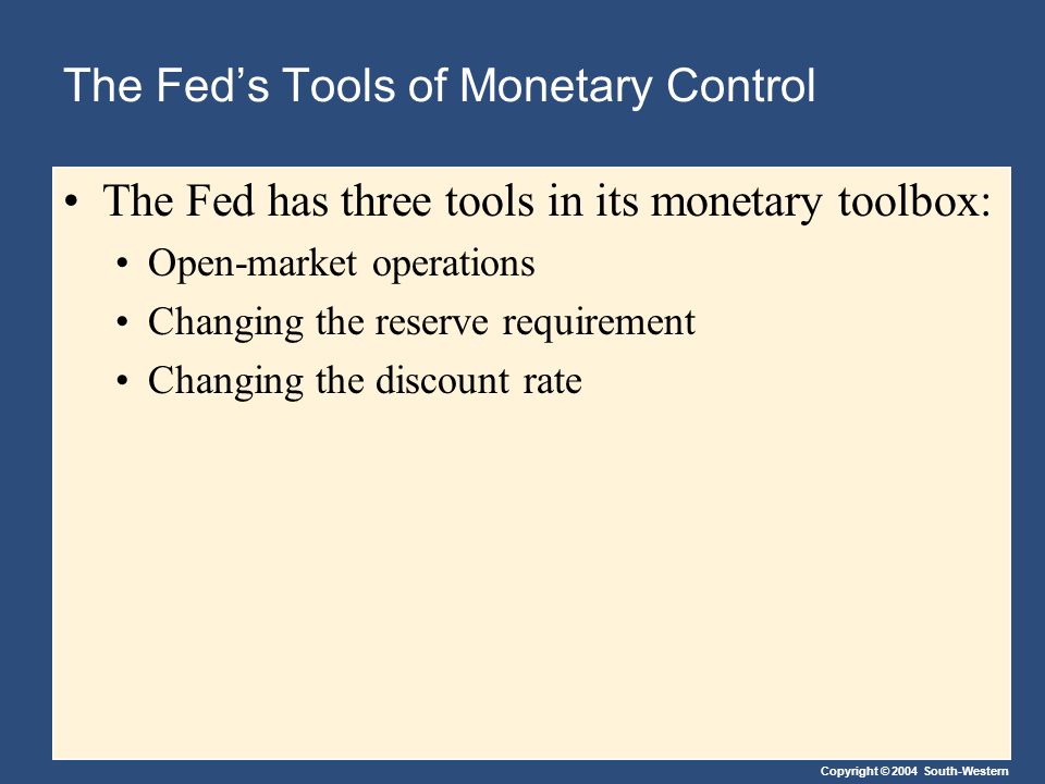 Copyright © 2004 South-Western The Fed’s Tools of Monetary Control The Fed has three tools in its monetary toolbox: Open-market operations Changing the reserve requirement Changing the discount rate