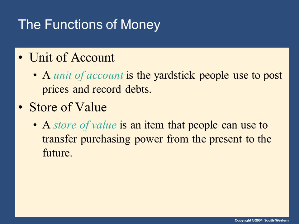 Copyright © 2004 South-Western The Functions of Money Unit of Account A unit of account is the yardstick people use to post prices and record debts.