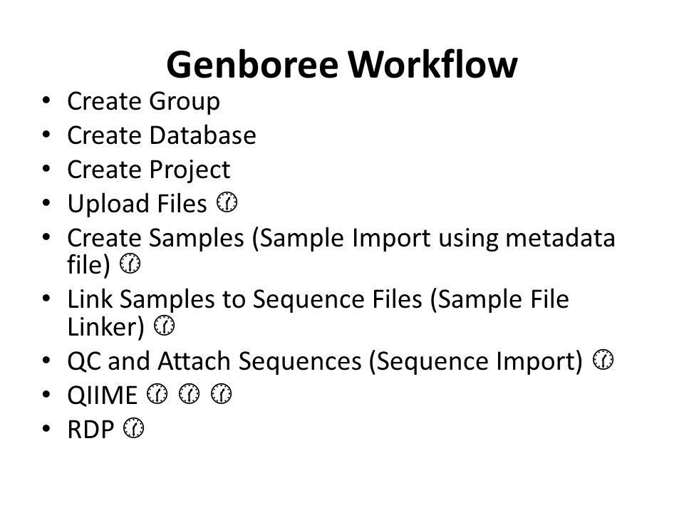 Genboree Workflow Create Group Create Database Create Project Upload Files  Create Samples (Sample Import using metadata file)  Link Samples to Sequence Files (Sample File Linker)  QC and Attach Sequences (Sequence Import)  QIIME    RDP 