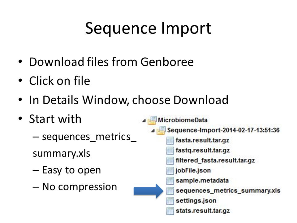 Sequence Import Download files from Genboree Click on file In Details Window, choose Download Start with – sequences_metrics_ summary.xls – Easy to open – No compression