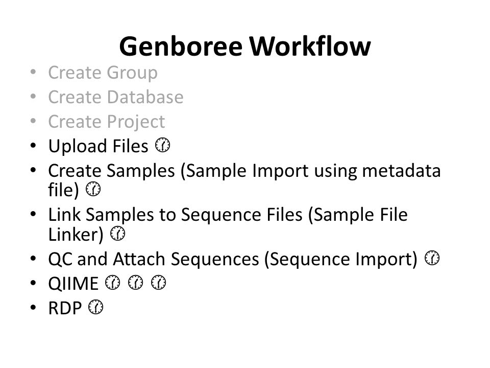 Genboree Workflow Create Group Create Database Create Project Upload Files  Create Samples (Sample Import using metadata file)  Link Samples to Sequence Files (Sample File Linker)  QC and Attach Sequences (Sequence Import)  QIIME    RDP 