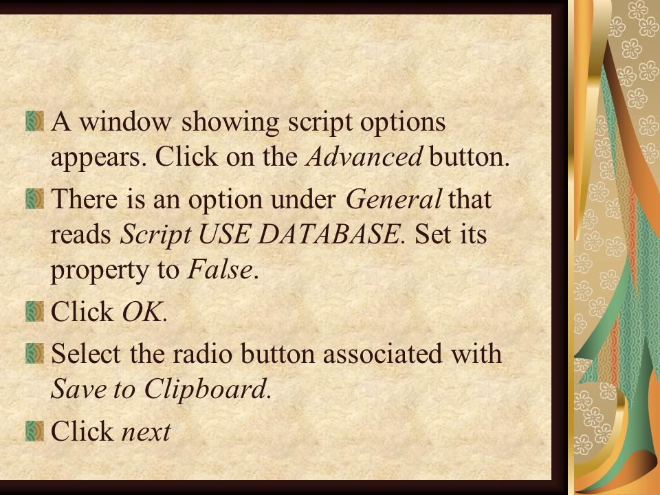 A window showing script options appears. Click on the Advanced button.
