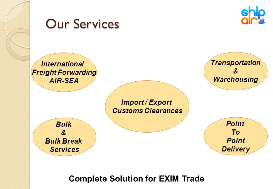 Our Services International Freight Forwarding AIR-SEA Transportation & Warehousing Bulk & Bulk Break Services Point To Point Delivery Import / Export Customs Clearances Complete Solution for EXIM Trade