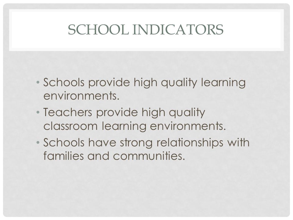 SCHOOL INDICATORS Schools provide high quality learning environments.