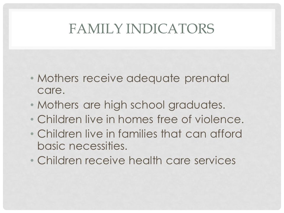 FAMILY INDICATORS Mothers receive adequate prenatal care.