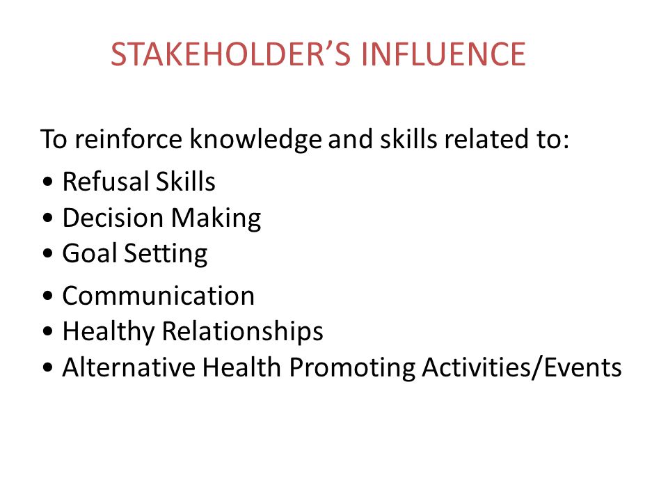 STAKEHOLDER’S INFLUENCE To reinforce knowledge and skills related to: Refusal Skills Decision Making Goal Setting Communication Healthy Relationships Alternative Health Promoting Activities/Events