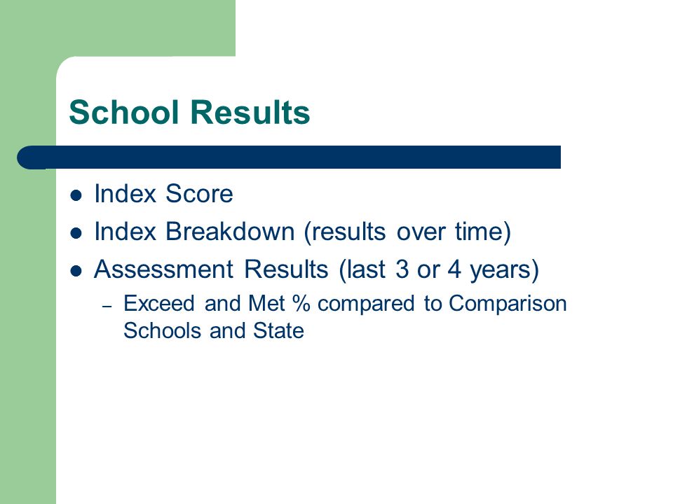 School Results Index Score Index Breakdown (results over time) Assessment Results (last 3 or 4 years) – Exceed and Met % compared to Comparison Schools and State
