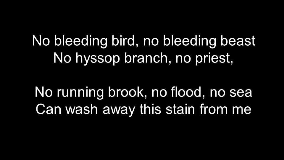No bleeding bird, no bleeding beast No hyssop branch, no priest, No running brook, no flood, no sea Can wash away this stain from me