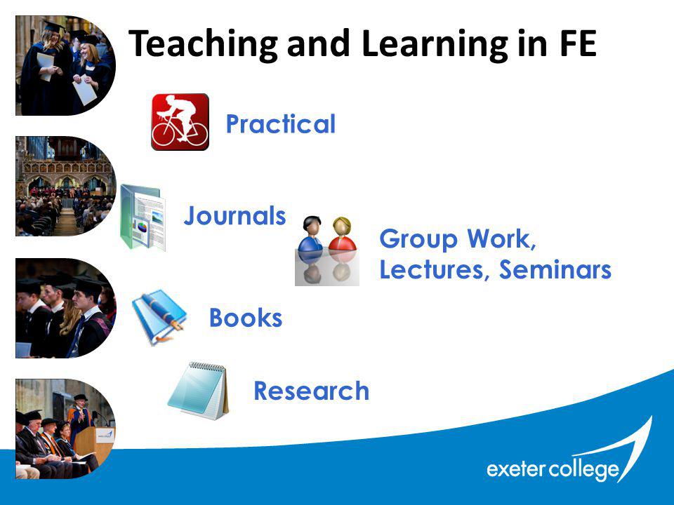 Teaching and Learning in FE Research Journals Group Work, Lectures, Seminars Books Practical