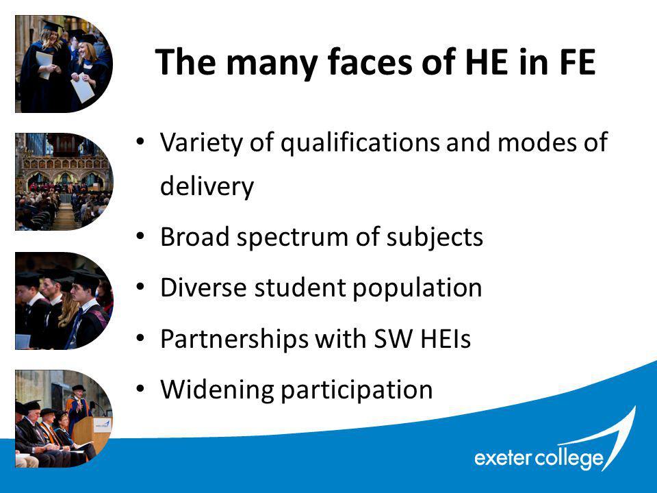 Variety of qualifications and modes of delivery Broad spectrum of subjects Diverse student population Partnerships with SW HEIs Widening participation The many faces of HE in FE