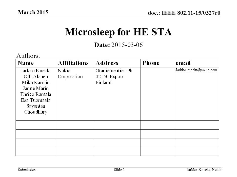 Submission doc.: IEEE /0327r0 March 2015 Jarkko Kneckt, NokiaSlide 1 Microsleep for HE STA Date: Authors: