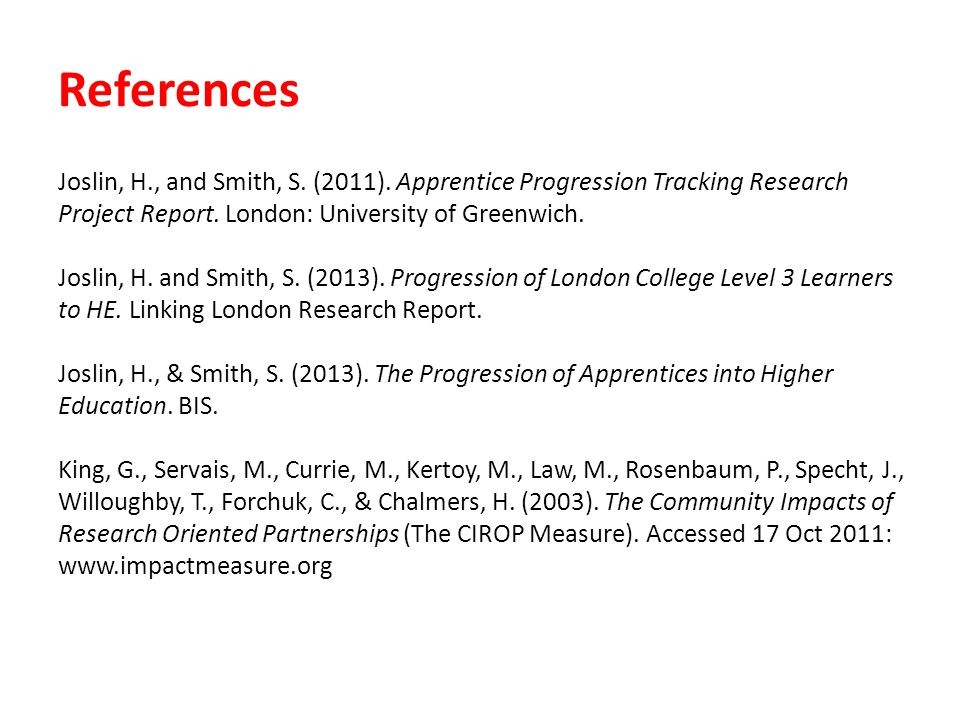 References Joslin, H., and Smith, S. (2011).