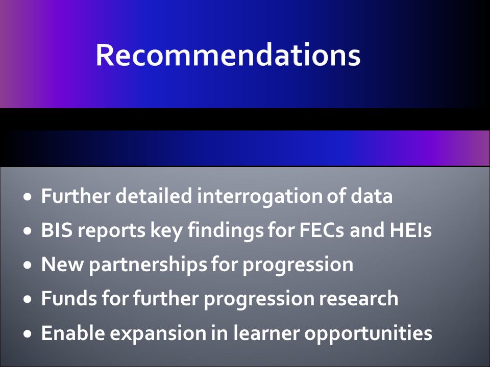  Further detailed interrogation of data  BIS reports key findings for FECs and HEIs  New partnerships for progression  Funds for further progression research  Enable expansion in learner opportunities Recommendations