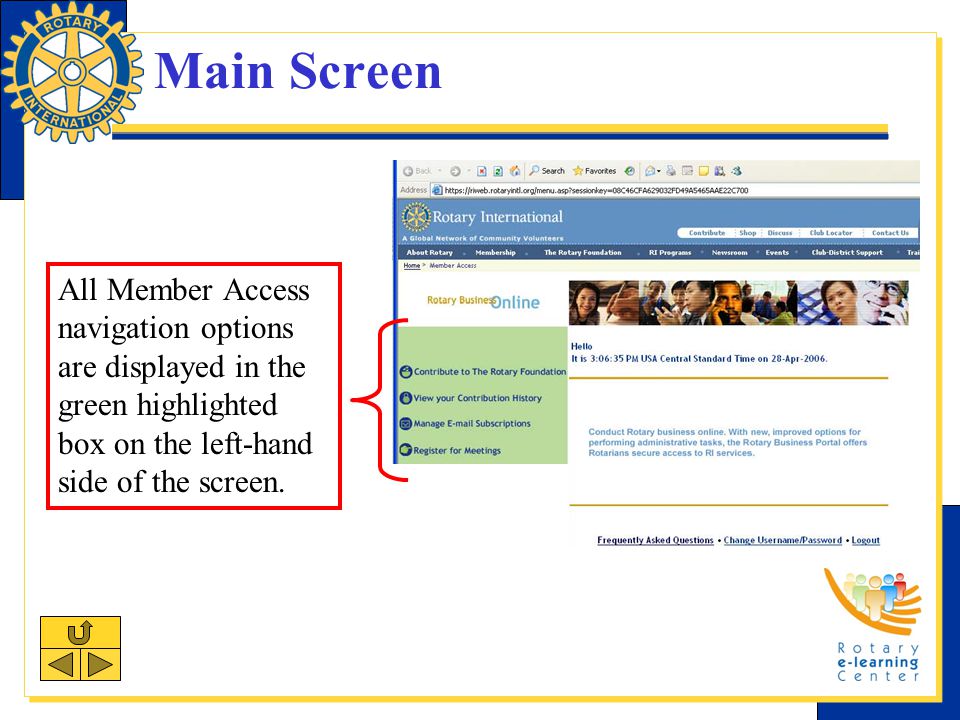 Main Screen All Member Access navigation options are displayed in the green highlighted box on the left-hand side of the screen.